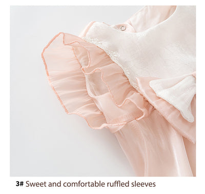 Baby Girl Ruffled Sleeves Big Bowtie Beige Voile Bodysuit n Headwrap 2pc Set - Little Kooma