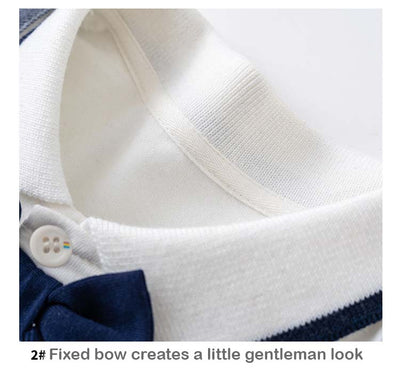 Baby Boy Fake Two Piece Blue Denim Suspender Suit Romper w Bow - Little Kooma
