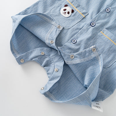 Baby Boy Panda White Collar Light Blue Suit Romper w Red Plaid Bow n Two Pockets - Little Kooma