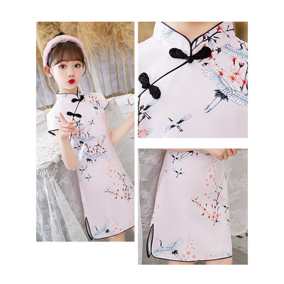 Kids Girls Lotus Flowers Crane Auspicious Clouds Cheongsam Dress Cap Sleeves CNY Chinese New Year Outfit - Little Kooma
