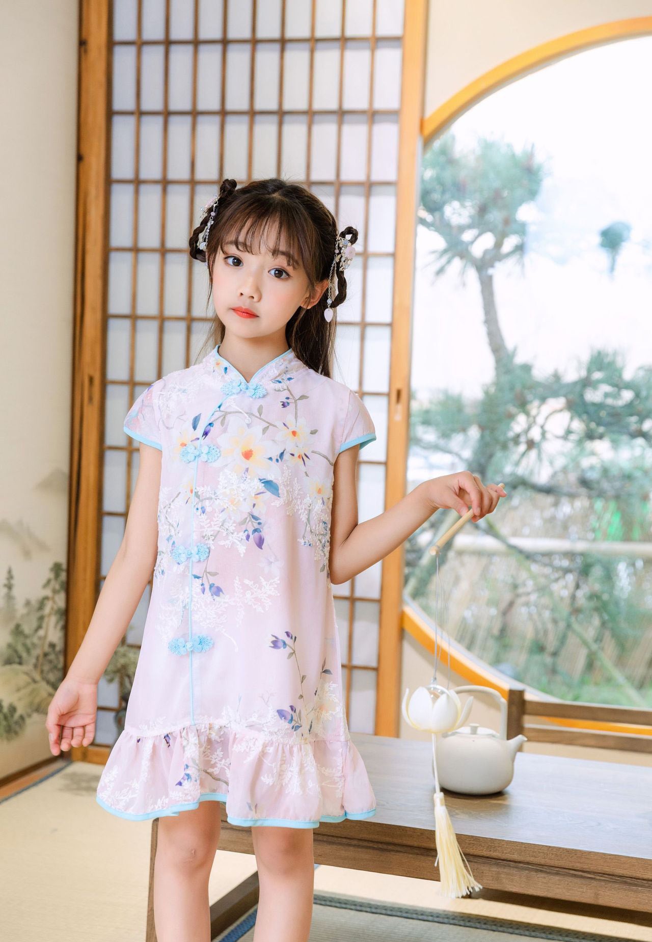 Kids Girls Trumpet Cheongsam Dress Flowers Cap Sleeves CNY Chinese New Year Outfit - Little Kooma