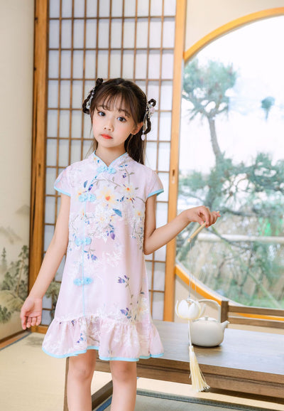 Kids Girls Trumpet Cheongsam Dress Flowers Cap Sleeves CNY Chinese New Year Outfit - Little Kooma