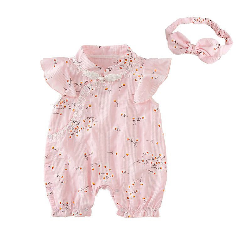 Baby Girl Little Flowers Cheongsam Romper n Headwrap 2pc Set - Little Kooma