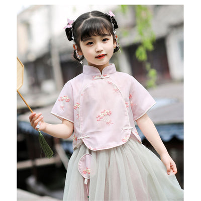 Kids Girls Voile Cheongsam Set Top n Skirt Pink Embroidered Pink n White Flowers  CNY Chinese New Year Outfit - Little Kooma