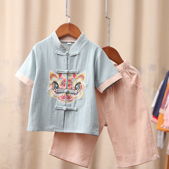 Kids Boys Cheongsam Set Top n Shorts Embroidered Dancing Lion Racial Harmony Day CNY Chinese New Year Outfit - Little Kooma