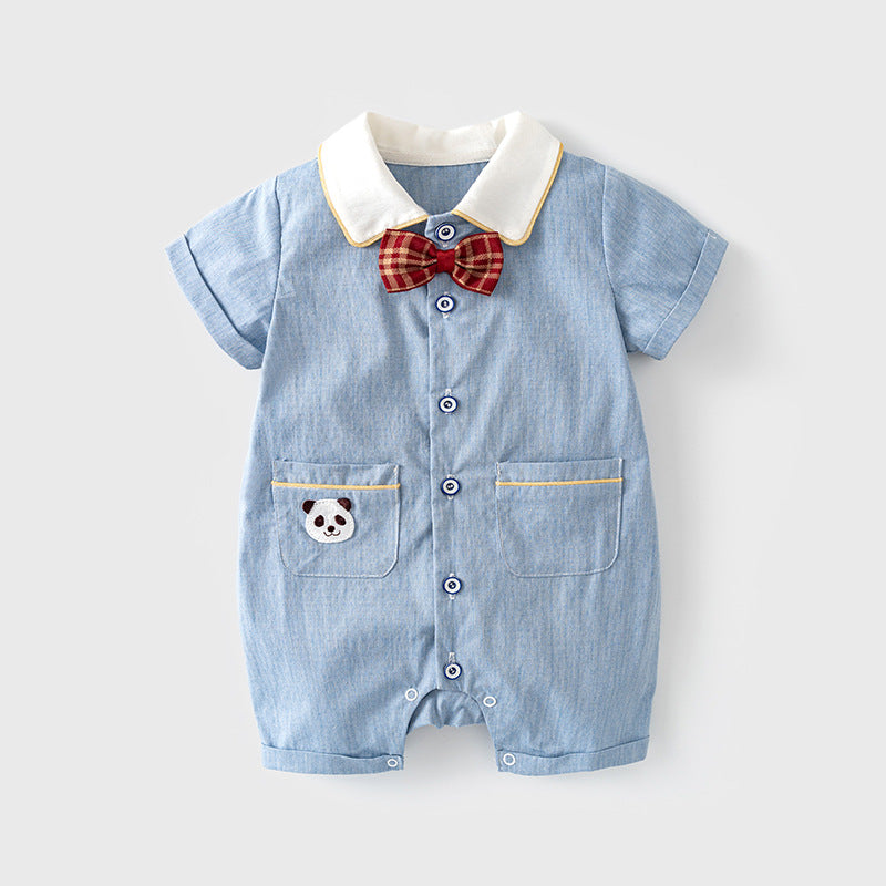 Baby Boy Panda White Collar Light Blue Suit Romper w Red Plaid Bow n Two Pockets - Little Kooma