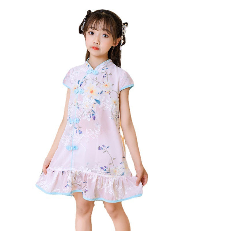 Kids Girls Trumpet Cheongsam Dress Flowers Cap Sleeves CNY Chinese New Year Outfit - Little Kooma