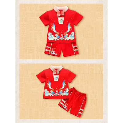 Baby Kids Boys Red Cheongsam Set Whales Top n Shorts CNY Chinese New Year Outfit - Little Kooma