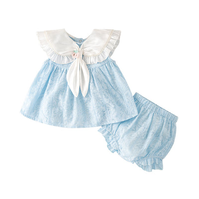 Baby Girl Sleeveless White Scarf Blue Top n Shorts Set - Little Kooma