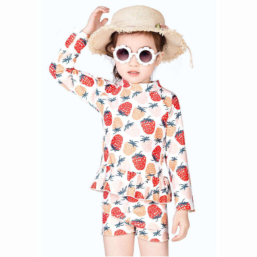 Baby Kids Girl's Strawberry Prints Long Sleeves Two Piece Swimming Suit Top Shorts n Free Cap 907052 - Little Kooma