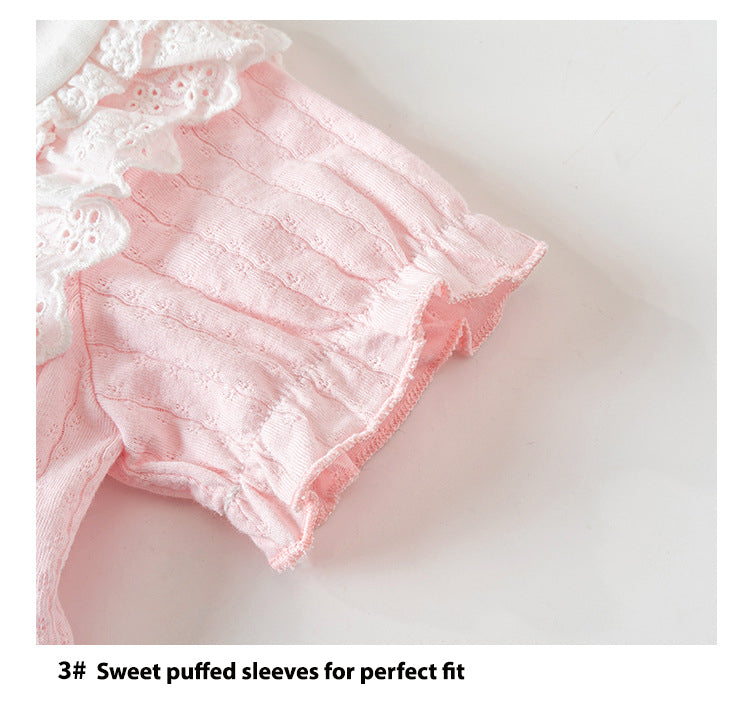 Baby Girl Double Bowtie Lace Trim Collar Puffed Sleeves Romper 21CX040 - Little Kooma
