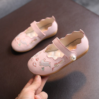 Baby Kids Girl PU Leather Anti-slip Embroidered Bunnies Shoes Magic Tape 662 - Little Kooma
