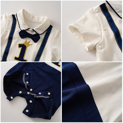Baby Boy Fake Two Piece Number 1 First Month Baby Shower 1 Year Old Birthday Suspender Suit Romper w Bow - Little Kooma