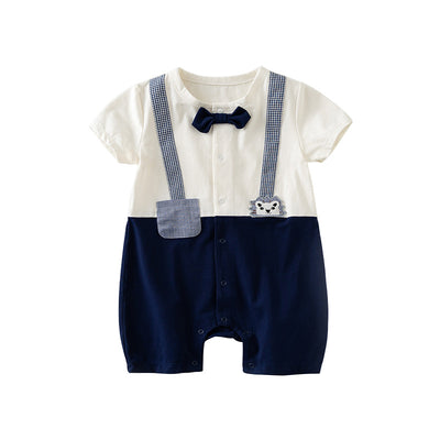 Baby Boy Fake Two Piece Round Neck Pocket Lion Suspender Suit Romper w Bow - Little Kooma