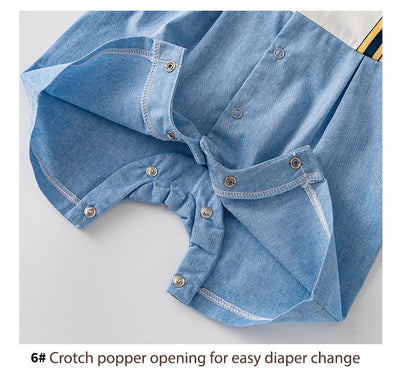 Baby Boy Cartoon Car Fake Two Piece Suspender Suit Romper w Removable Light Blue Tie White Folded Collar - Little Kooma