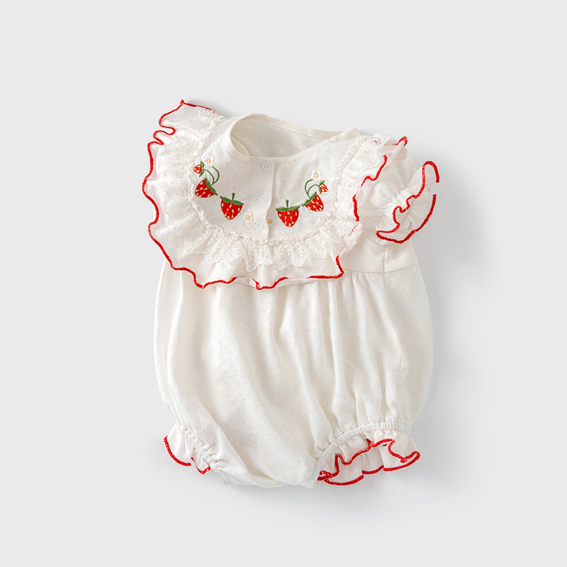 Baby Girl Puff Sleeves Red Embroidered Strawberry Bodysuit Lace Rim - Little Kooma