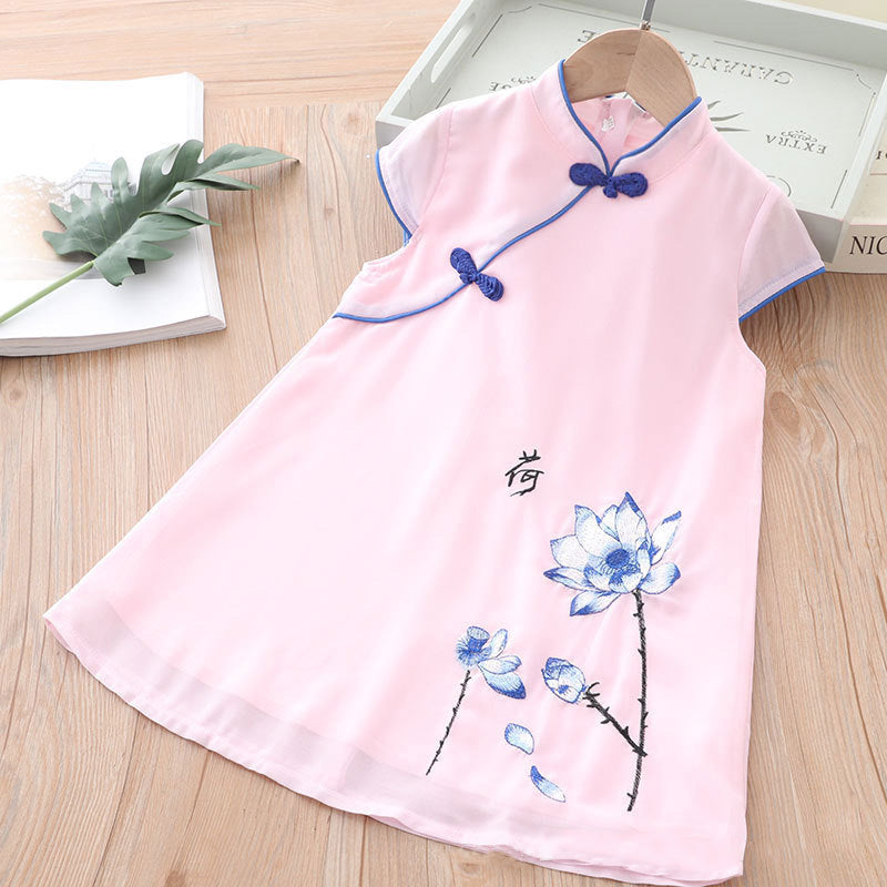 Kids Girls Voile Cheongsam Dress Blue Lotus Flowers Cap Sleeves CNY Chinese New Year Outfit - Little Kooma