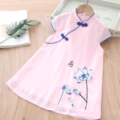 Kids Girls Voile Cheongsam Dress Blue Lotus Flowers Cap Sleeves CNY Chinese New Year Outfit - Little Kooma