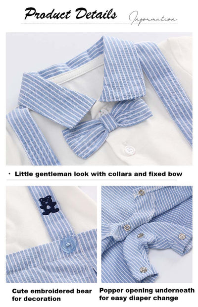 Baby Boy Fake Two Piece Blue Stripe Bear Suspender Suit Romper w Bow - Little Kooma