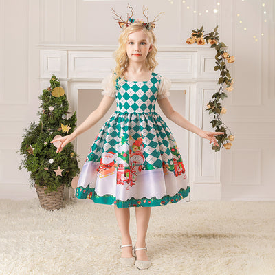 Kids Girls White Puff Sleeves Dress Green Checkers Santa Snowman Santa Sleigh Elk Christmas Outfit w Zip - Little Kooma