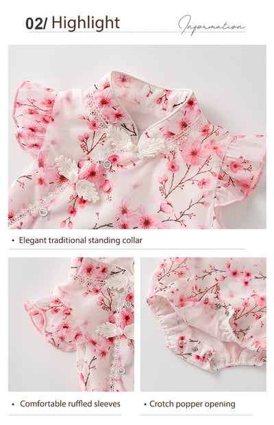 Baby Girl Ruffled Sleeves Pink Plum Flower Prints Voile Cheongsam Bodysuit n Headwrap 2pc Set - Little Kooma