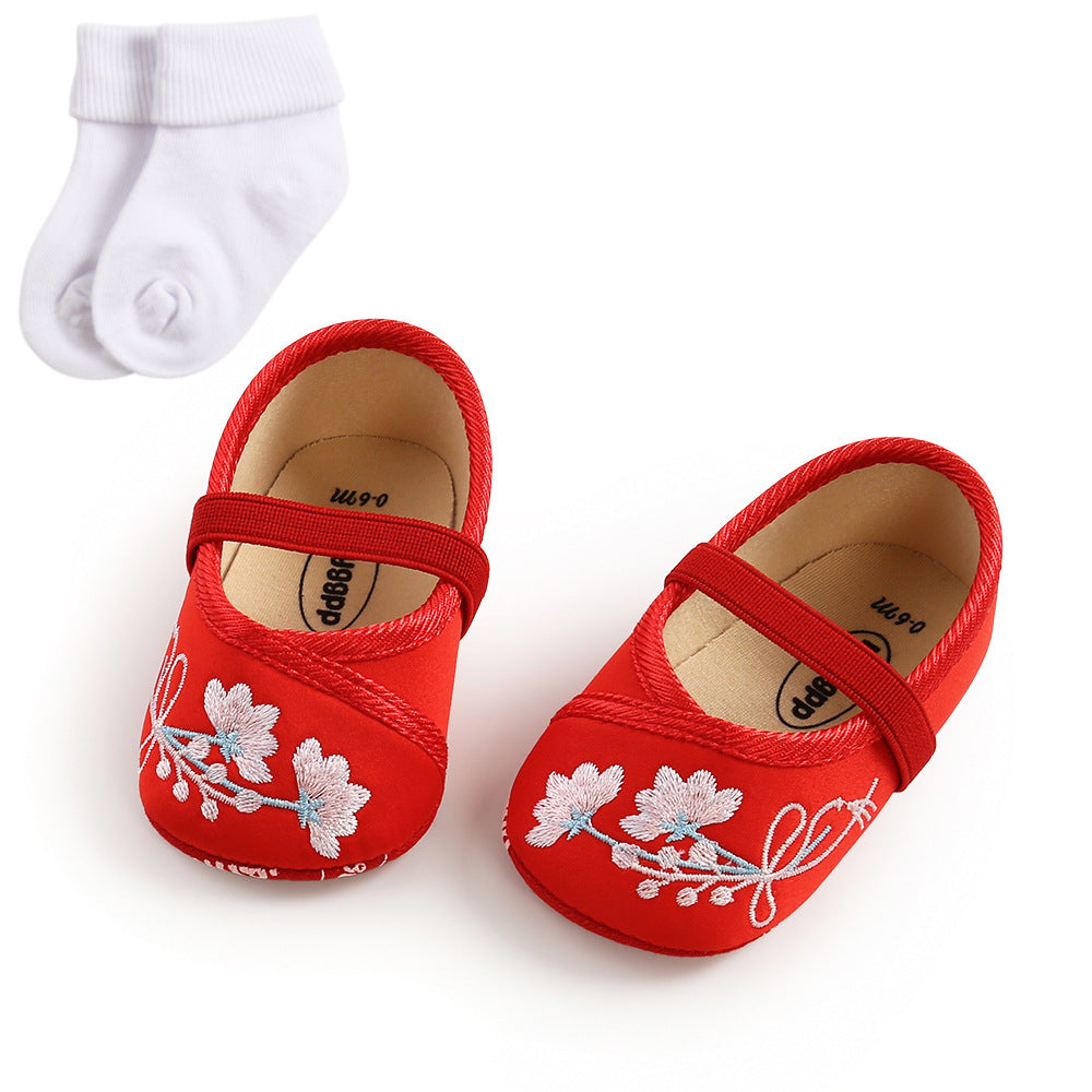 Baby Girl Chinese New Year Shoes Pink w Embroidered Flowers Cheongsam - Little Kooma