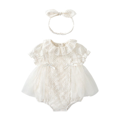Baby Girl White Lace Puff Sleeves Big Wedding Confirmation Baptism Dress Bodysuit Dress n Headwrap 2pc Set - Little Kooma
