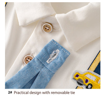 Baby Boy Cartoon Car Fake Two Piece Suspender Suit Romper w Removable Light Blue Tie White Folded Collar - Little Kooma