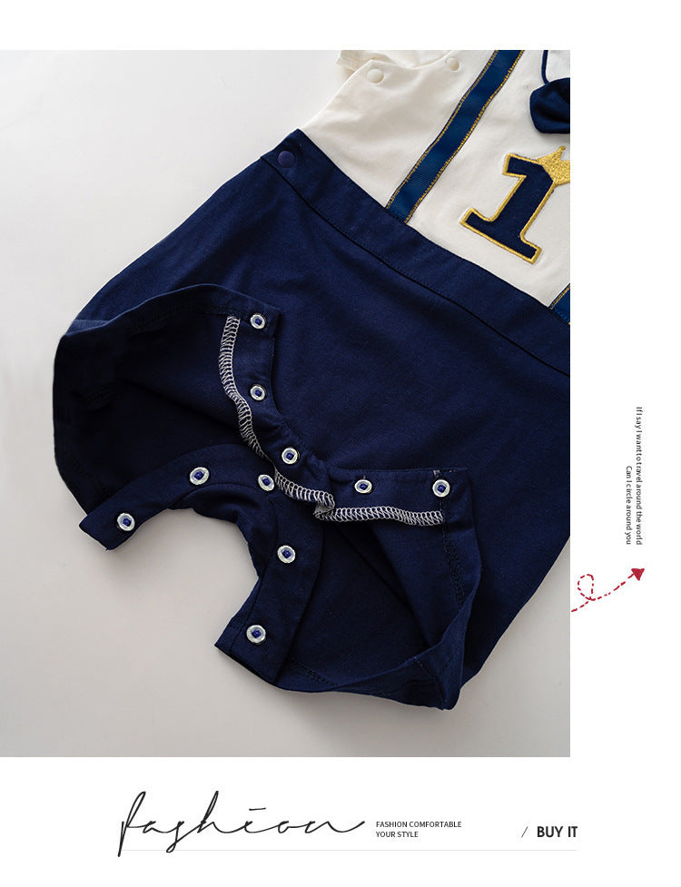 Baby Boy Fake Two Piece Number 1 First Month Baby Shower 1 Year Old Birthday Suspender Suit Romper w Bow - Little Kooma