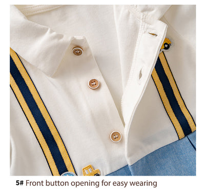 Baby Boy Cartoon Car Fake Two Piece Suspender Suit Romper w Removable Light Blue Tie White Folded Collar - Little Kooma