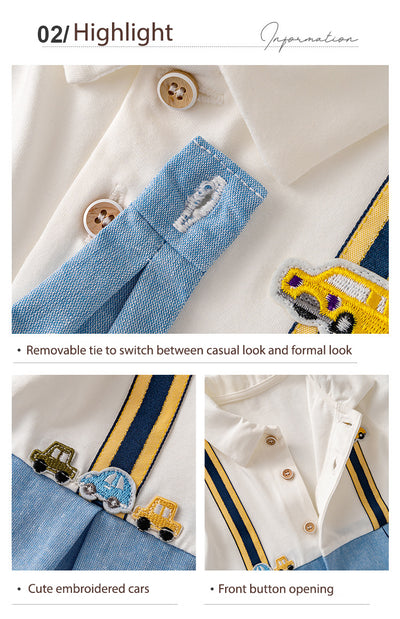 Baby Boy Cartoon Car Fake Two Piece Suspender Suit Romper w Removable Light Blue Tie White Folded Collar - Little Kooma
