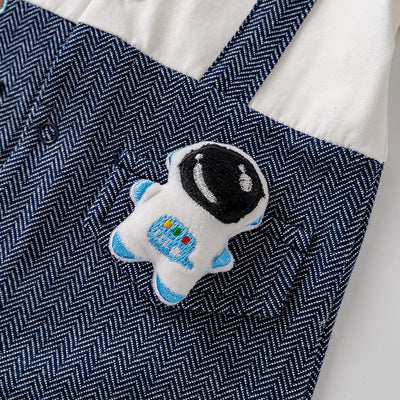 Baby Boy Removable Astronaut Pin Fake Two Piece Suspender Suit Romper w Dark Blue Wave Bow White Folded Collar - Little Kooma