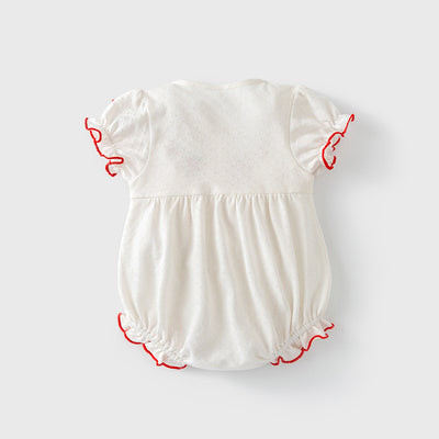Baby Girl Puff Sleeves Red Embroidered Strawberry Bodysuit Lace Rim - Little Kooma