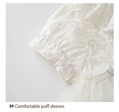 Baby Girl White Lace Puff Sleeves Big Wedding Confirmation Baptism Dress Bodysuit Dress n Headwrap 2pc Set - Little Kooma