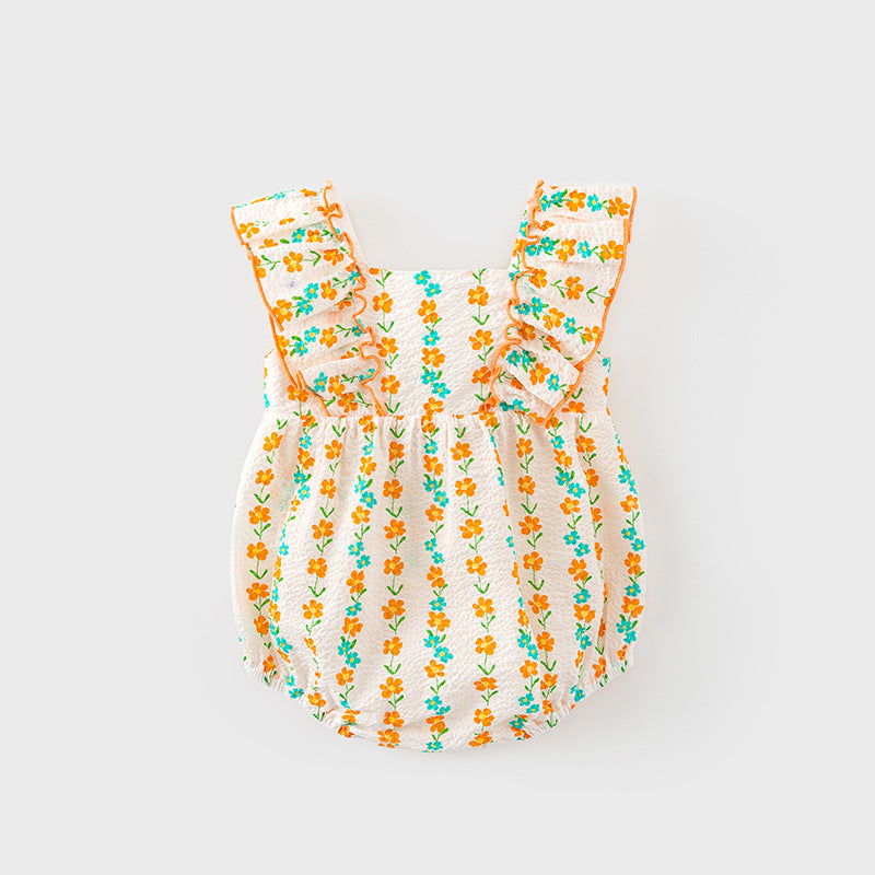 Baby Girl Ruffled Sleeves Orange Flower Prints Bodysuit n Headwrap 2pc Set - Little Kooma