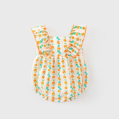 Baby Girl Ruffled Sleeves Orange Flower Prints Bodysuit n Headwrap 2pc Set - Little Kooma