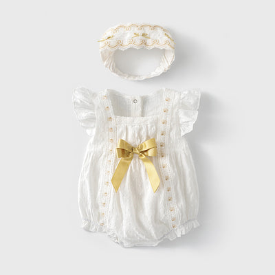 Baby Girl White Lace Ruffled Sleeves Big Golden Bowtie Bodysuit n Headwrap 2pc Set - Little Kooma