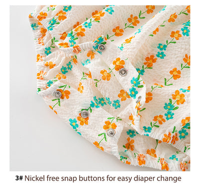 Baby Girl Ruffled Sleeves Orange Flower Prints Bodysuit n Headwrap 2pc Set - Little Kooma