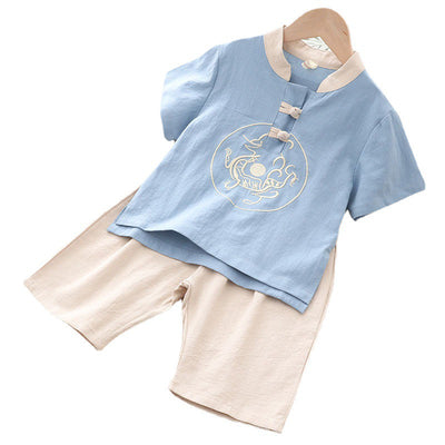 Kids Boys Cheongsam Set Top n Shorts Circle Embroidered Dragon CNY Outfit Chinese New Year Outfit - Little Kooma
