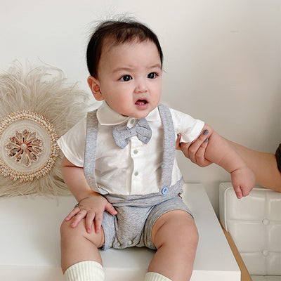 Baby Boy Fake Two Piece Suspender Suit Romper w Bow - Little Kooma