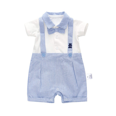 Baby Boy Fake Two Piece Blue Stripe Bear Suspender Suit Romper w Bow - Little Kooma