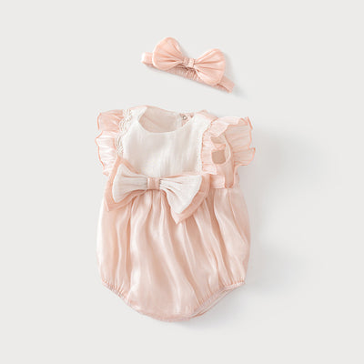 Baby Girl Ruffled Sleeves Big Bowtie Beige Voile Bodysuit n Headwrap 2pc Set - Little Kooma
