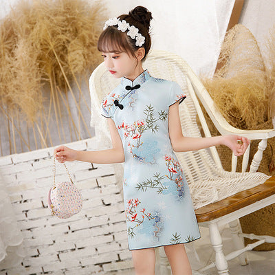 Kids Girls Lotus Flowers Crane Auspicious Clouds Cheongsam Dress Cap Sleeves CNY Chinese New Year Outfit - Little Kooma