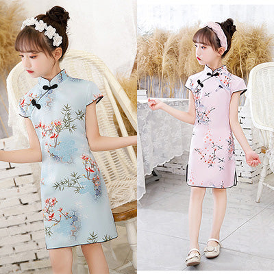 Kids Girls Lotus Flowers Crane Auspicious Clouds Cheongsam Dress Cap Sleeves CNY Chinese New Year Outfit - Little Kooma