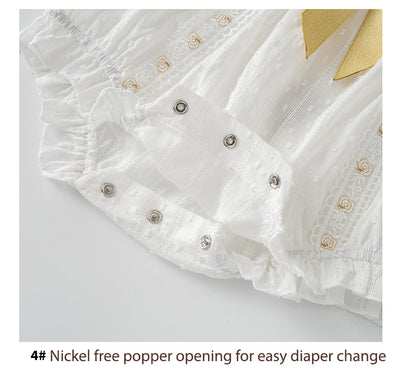 Baby Girl White Lace Ruffled Sleeves Big Golden Bowtie Bodysuit n Headwrap 2pc Set - Little Kooma