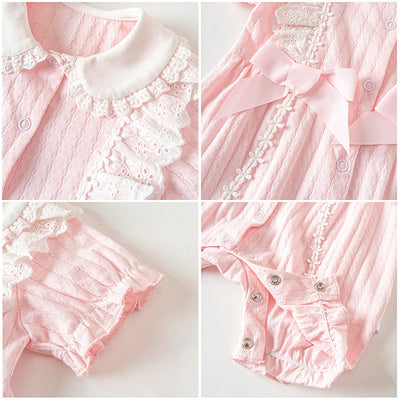 Baby Girl Double Bowtie Lace Trim Collar Puffed Sleeves Romper 21CX040 - Little Kooma
