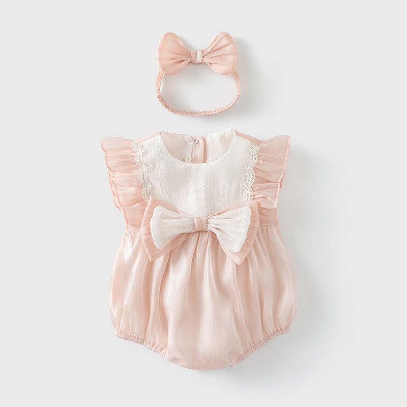 Baby Girl Ruffled Sleeves Big Bowtie Beige Voile Bodysuit n Headwrap 2pc Set - Little Kooma