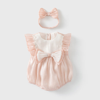 Baby Girl Ruffled Sleeves Big Bowtie Beige Voile Bodysuit n Headwrap 2pc Set - Little Kooma
