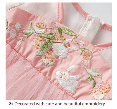 Baby Girl Three Quarter Sleeves Pink Embroidered Bunnies Voile Cheongsam Dress w Zipper - Little Kooma