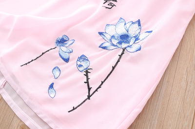 Kids Girls Voile Cheongsam Dress Blue Lotus Flowers Cap Sleeves CNY Chinese New Year Outfit - Little Kooma